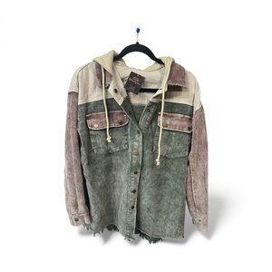 Y2K style Corduroy Colorblock Hooded shacket